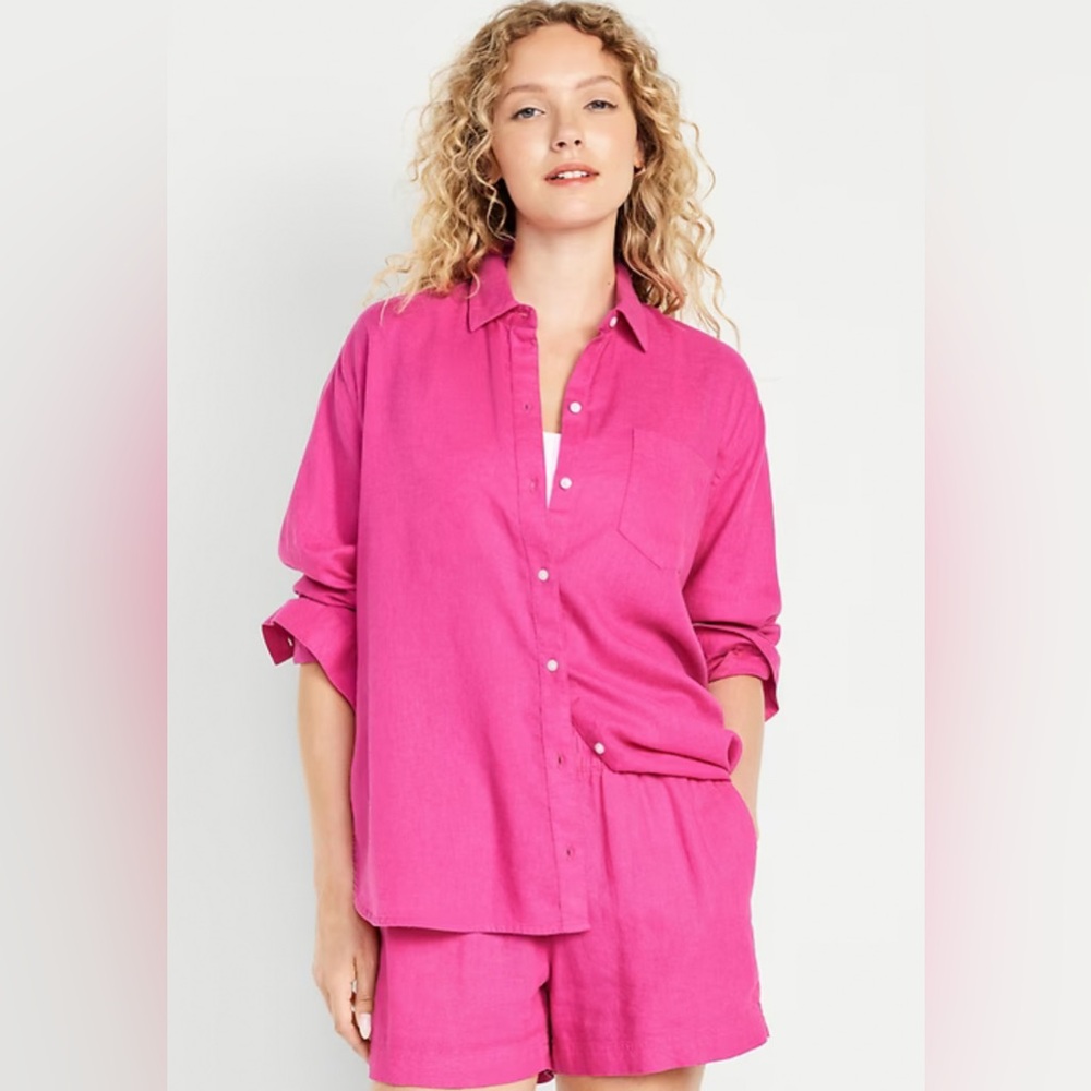 NWOT Old Navy Womens Linen Blend Boyfriend Shirt, Pink, Small